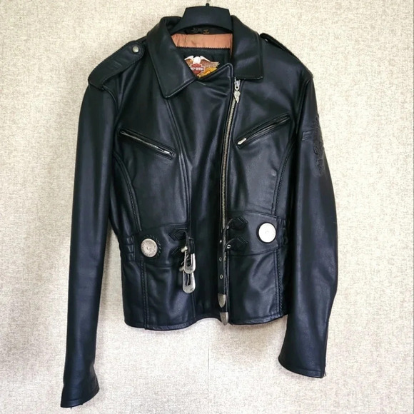 Vintage Harley-Davidson Women’s Black Leather Jacket Embossed Rose Concho - Picture 2 of 13